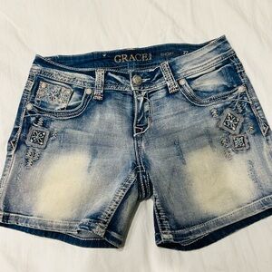Grace Embroidered Light Blue Distressed Jean Shorts